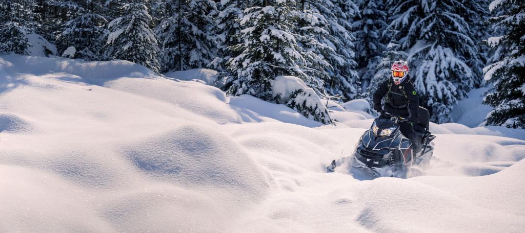 Motoneige en action sur un sentier enneigé du Québec